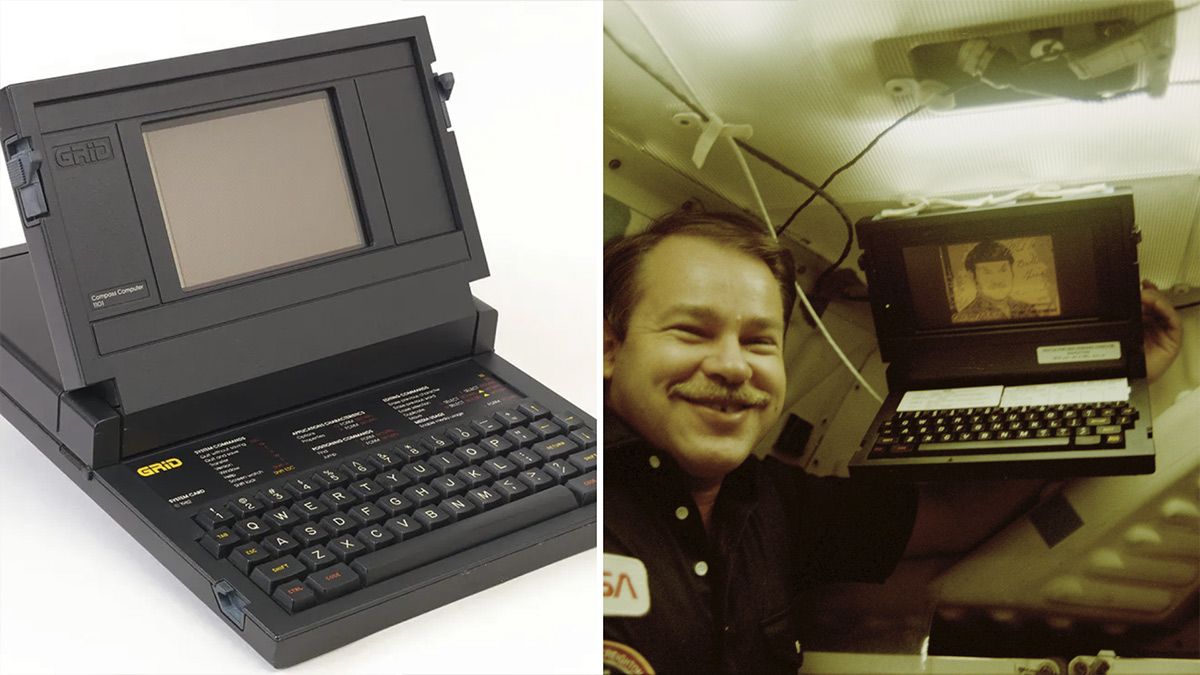 Um exemplo do laptop GRiD Compass de uma coleção de museu e no espaço.