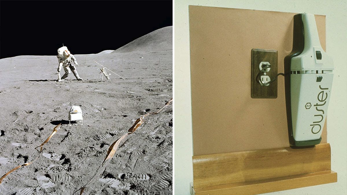 Um astronauta usando uma furadeira lunar e o DustBuster, possibilitados pela mesma tecnologia de motor.