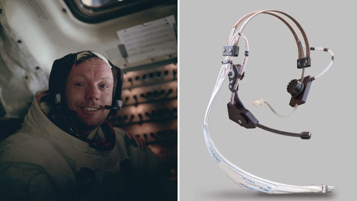 Uma foto de Neil Armstrong e um fone de ouvido sem fio usado durante as missões Apollo.