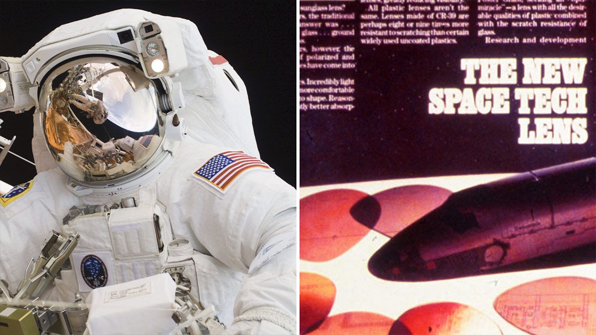 Uma foto de um astronauta em um traje espacial e um anúncio apresentando as novas lentes.