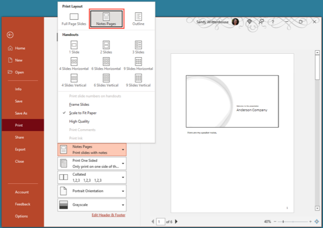 Página de anotações no layout de impressão do PowerPoint no Windows