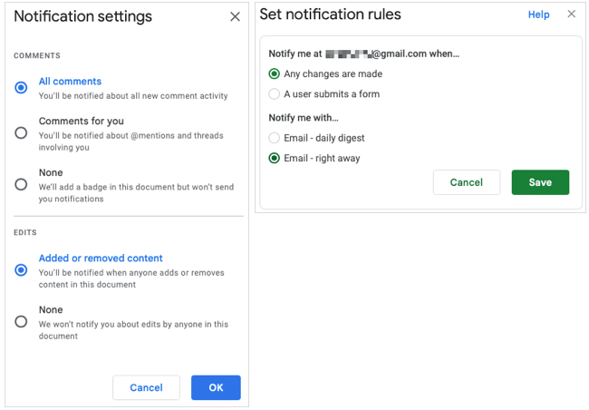 Opções de notificação no Documentos e Planilhas Google