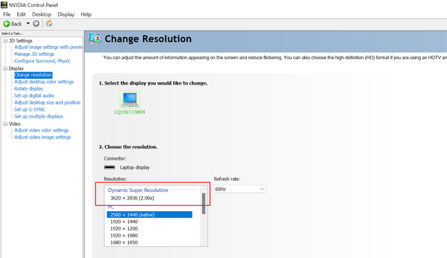Opções de super resolução da Nvidia na seção de resolução do painel de controle da Nvidia