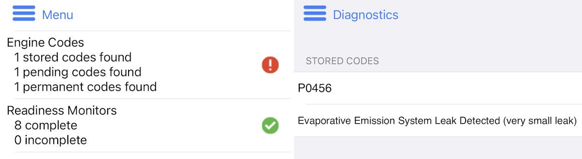 Uma captura de tela de um aplicativo para iPhone exibindo códigos de diagnóstico fornecidos pelo ODB.