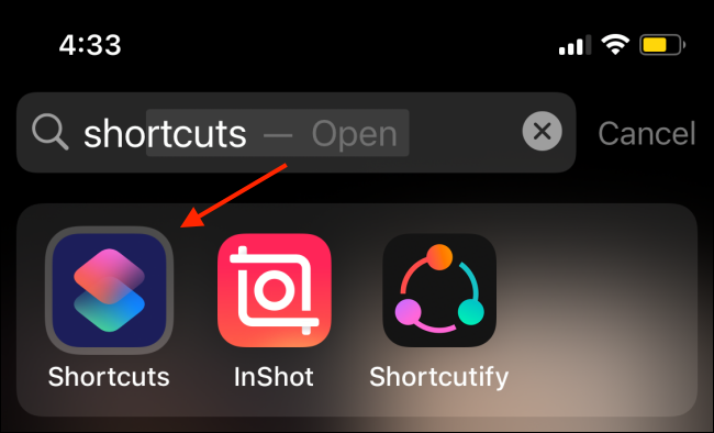 Abra o aplicativo Atalhos usando o Spotlight no iPhone