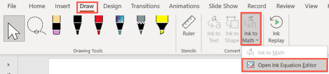 Abra o Ink Equation Editor no menu suspenso Ink to Math no PowerPoint