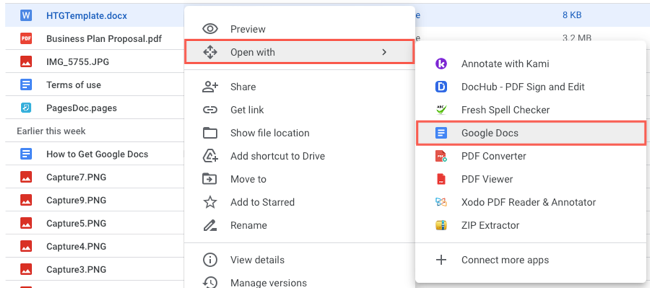 Abra com o Google Docs para um arquivo do Word