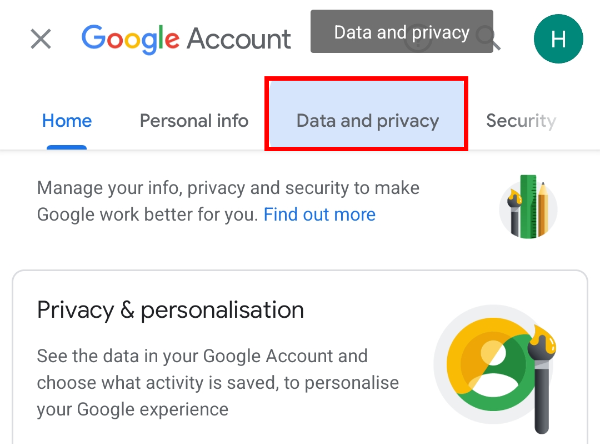 Role para o lado até a aba "Dados e privacidade"