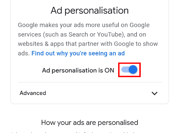 Desative a personalização de anúncios ou simplesmente gerencie os pontos de dados que o Google usa para personalizar os anúncios que você vê