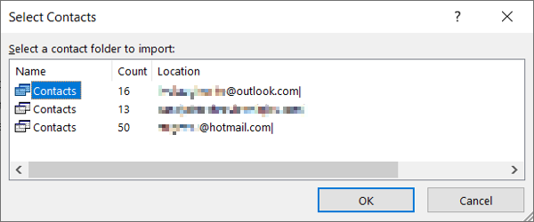 Opções de pasta de contatos do Outlook