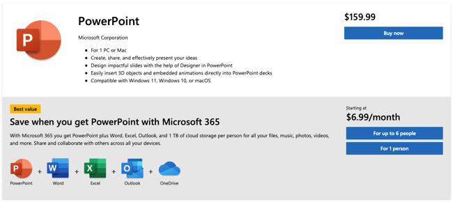 Preços do PowerPoint da Microsoft