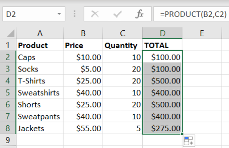 Fórmula para a função PRODUCT copiada