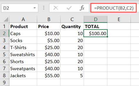 Função PRODUCT para multiplicar dois valores