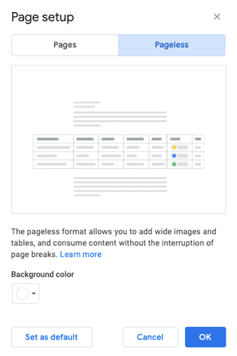 Janela de configuração de página para formato Pageless