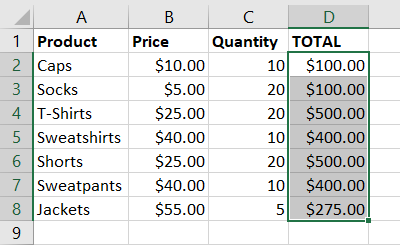 Resultados da multiplicação de Colar Especial no Excel