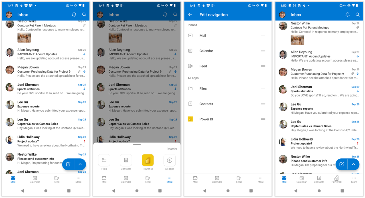 Capturas de tela da barra de guias personalizável no Outlook móvel