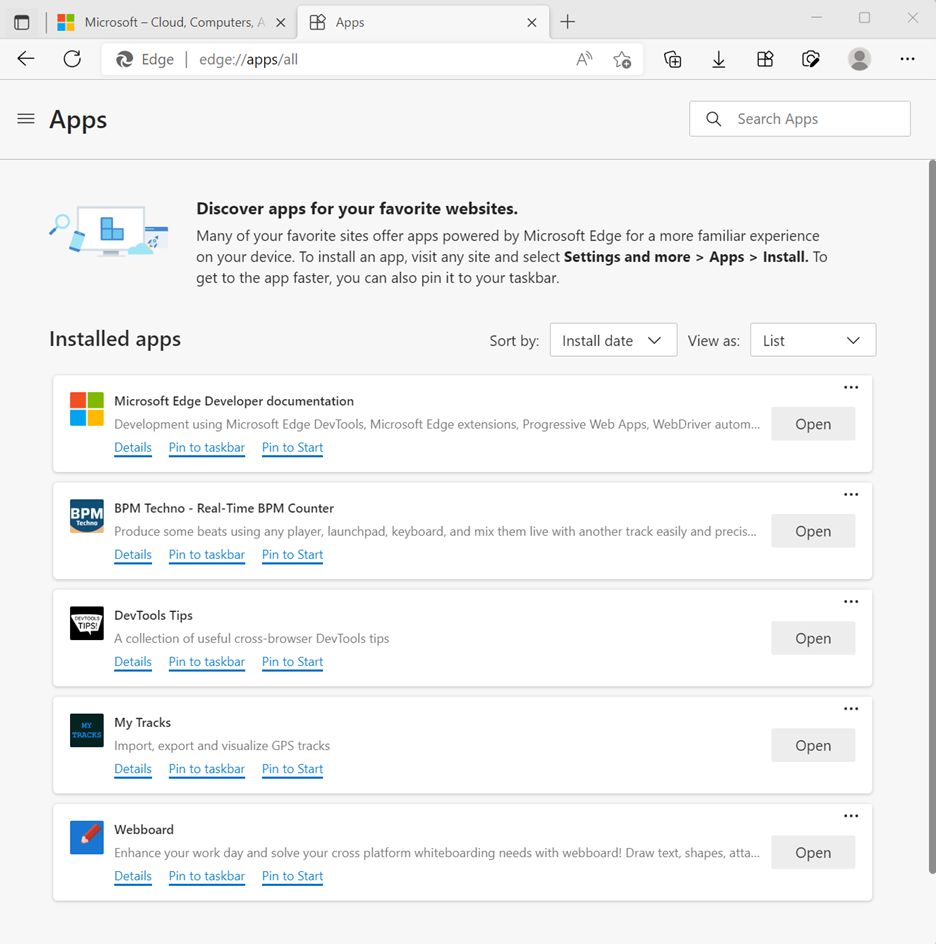 Captura de tela da página de aplicativos do Microsoft Edge