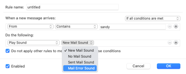 Criando uma regra de reprodução de som no Outlook no Mac