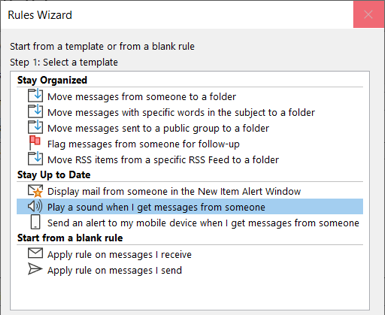 Criando uma regra de reprodução de som no Outlook no Windows