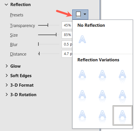 Opções de predefinição de reflexão