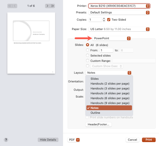 Notas no layout de impressão do PowerPoint no Mac