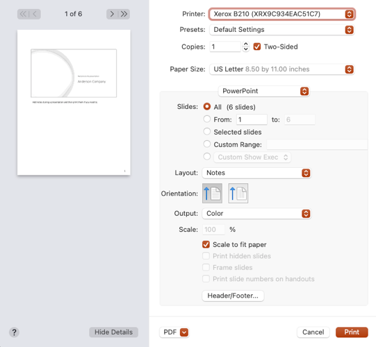 Configurações de impressão no PowerPoint no Mac