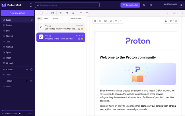 Caixa de entrada do ProtonMail na web