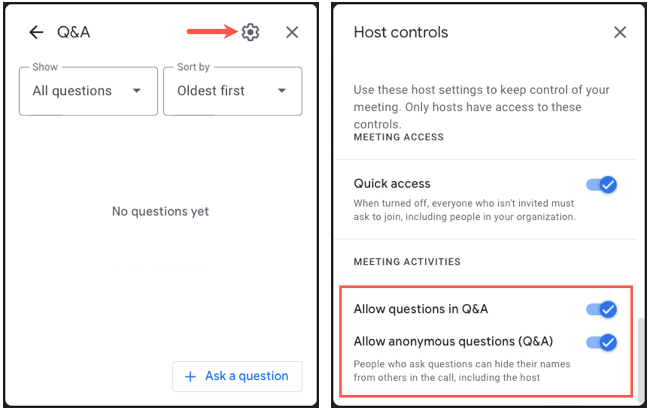 Controles de perguntas e respostas no Google Meet
