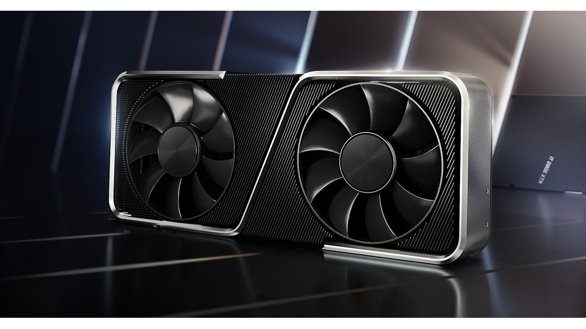 Placa gráfica RTX 3060Ti da Nvidia em um fundo reflexivo.