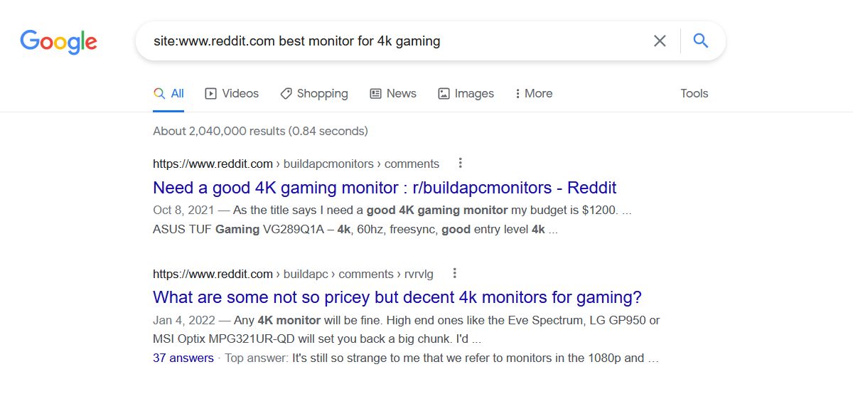Realizando uma pesquisa no site Reddit no Google.