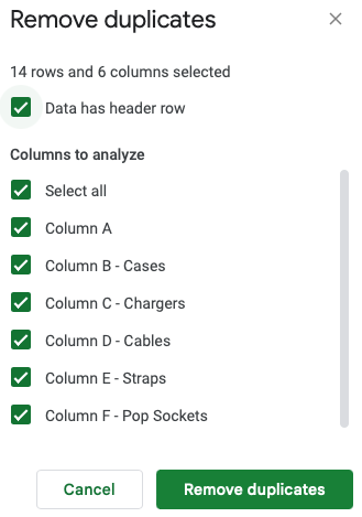 Colunas para remoção de duplicatas