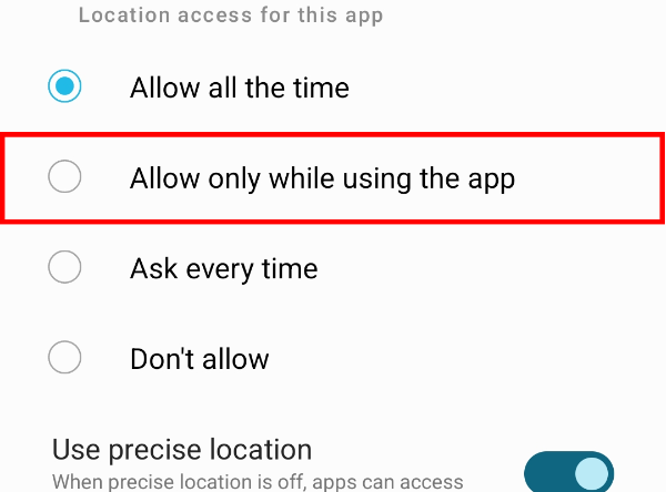 Selecione a opção "Permitir apenas durante o uso do aplicativo"