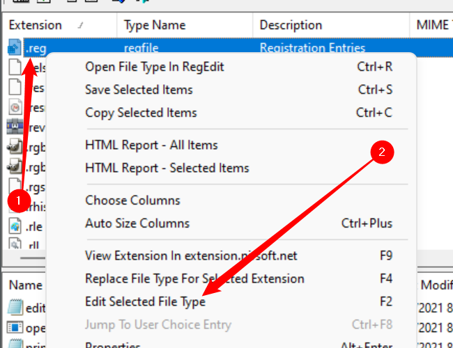 Clique com o botão direito na extensão do tipo de arquivo que deseja alterar e clique em