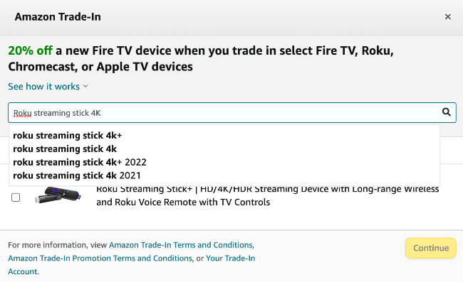 Inserindo o stick de streaming Roku 4K na janela Amazon Trade-In