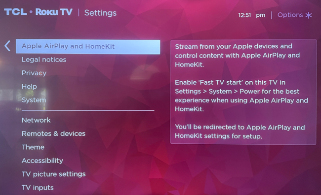 AirPlay e HomeKit no menu Configurações do Roku