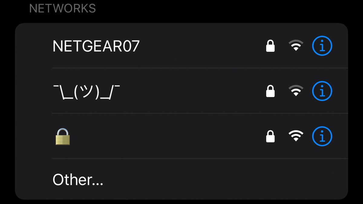 Exemplos de nomes de Wi-Fi com estruturas de nomes não convencionais, vistos em um iPhone.