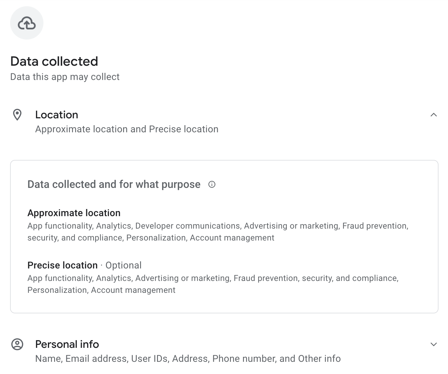 Captura de tela de segurança de dados mostrando informações sobre acesso à localização e informações pessoais