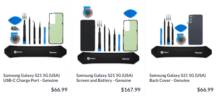 Substituições para porta USB-C (US$ 69,99), tela e bateria (US$ 167,99) e tampa traseira (US$ 66,99)