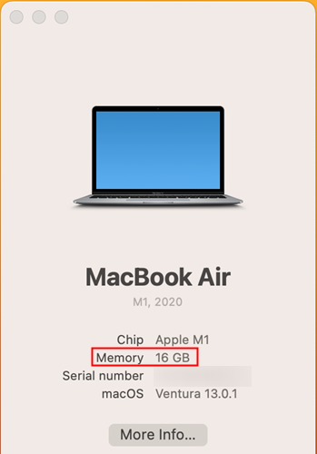 A memória disponível no seu Mac é exibida na segunda linha, abaixo do processador.