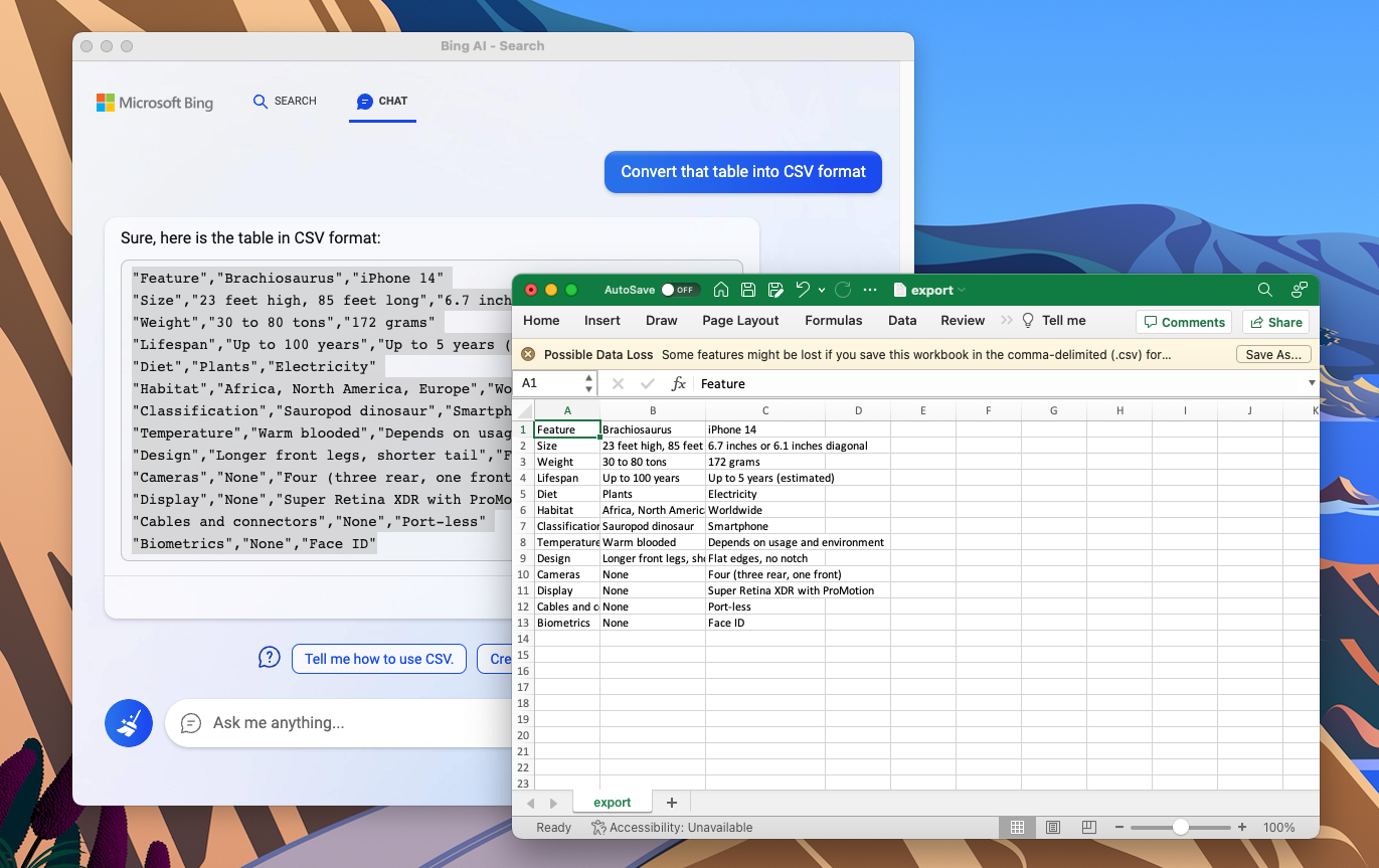 Planilha Excel com dados de tabela do Bing