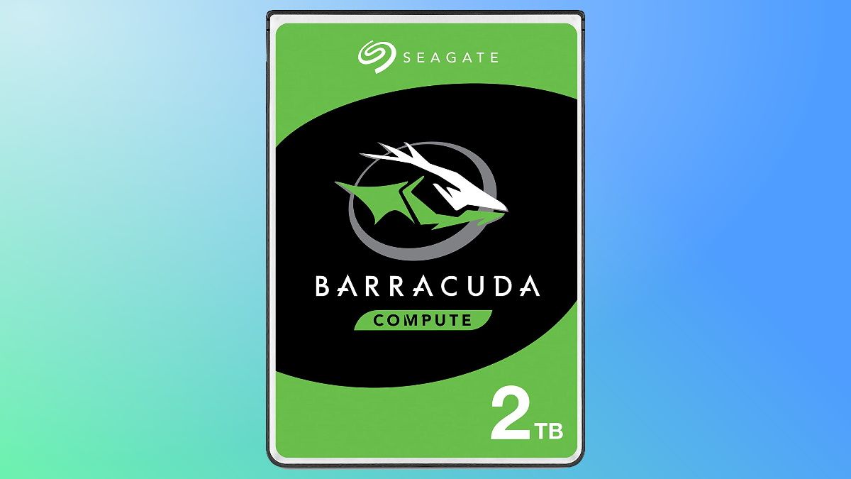 Seagate Barracuda HDD em fundo verde e azul