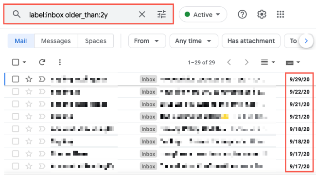 E-mails de pesquisa do Gmail com mais de 2 anos