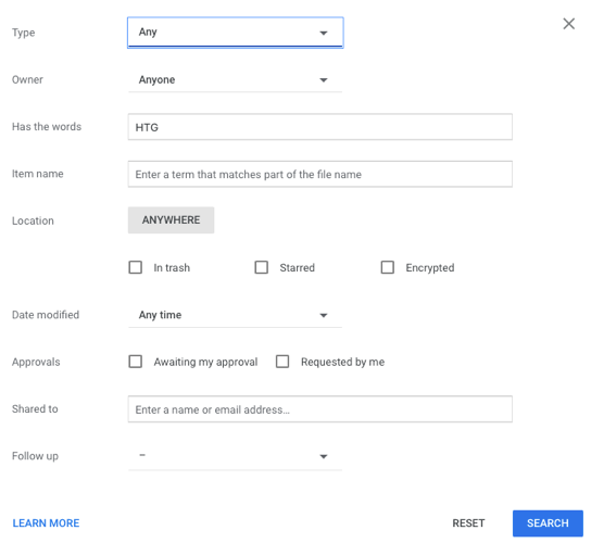 Opções de pesquisa no Google Drive