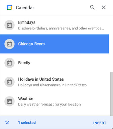 Lista do Google Agenda na barra lateral