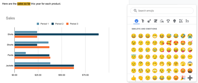 Seleção de emojis no Google Docs