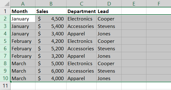 Linhas selecionadas no Excel