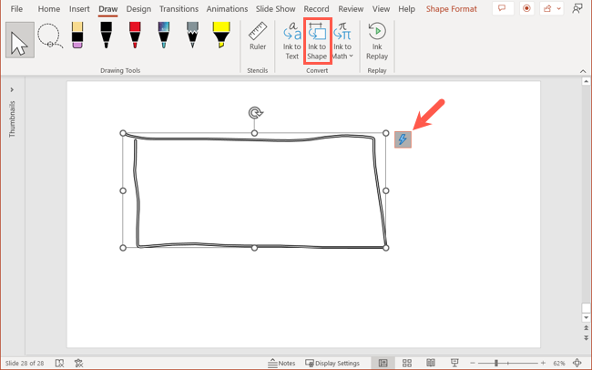 Ink to Shape para a forma selecionada no PowerPoint