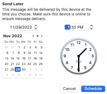 Janela de agendamento de e-mail no Mail do Mac