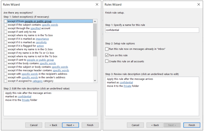 Telas finais de configuração para uma regra de confidencialidade no Outlook