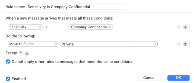 Tela de configuração final para uma regra de confidencialidade no Outlook